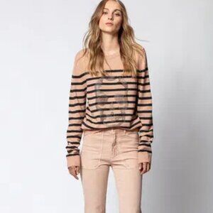 Zadig & Voltaire Jeremia MW Punk Sweater Pink Navy Embellished Skull SZ S
